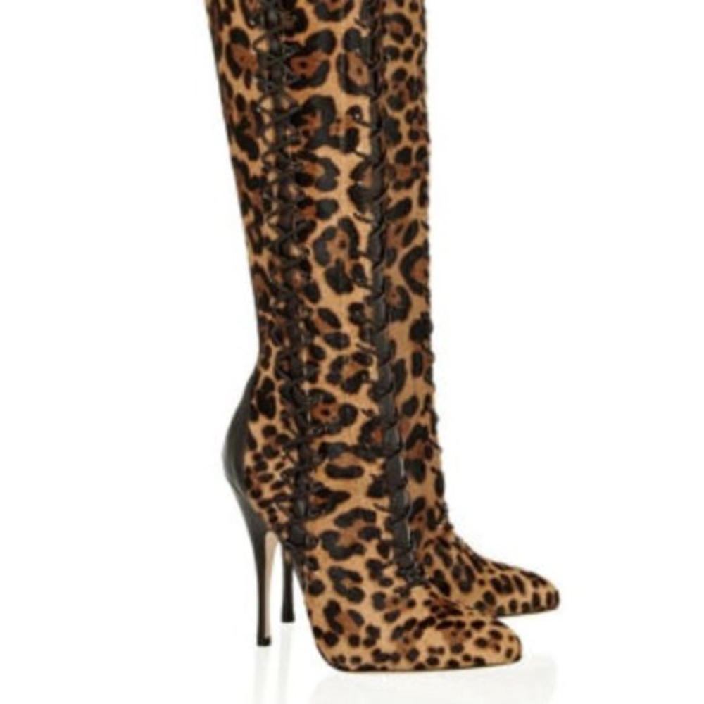 Brian Atwood Belle Cheetah Leapoard Leather CalfHair LaceUp Thigh Boots NEW 38 - Picture 2 of 11